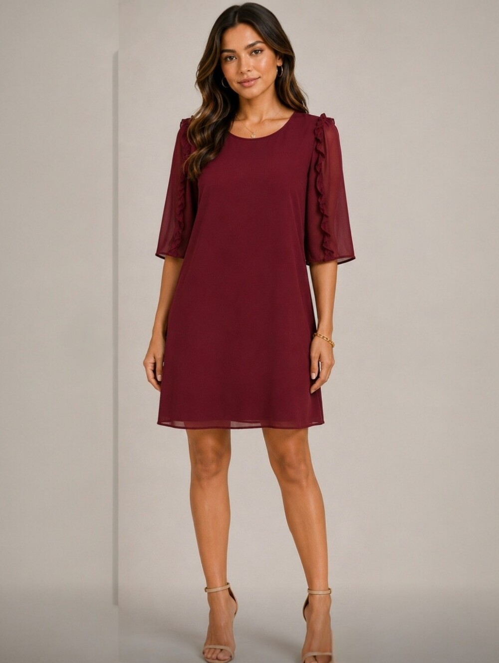 Ann Taylor Burgundy Ruffle-Sleeve Knee Length Shift Dress Womens Size 00 Petite